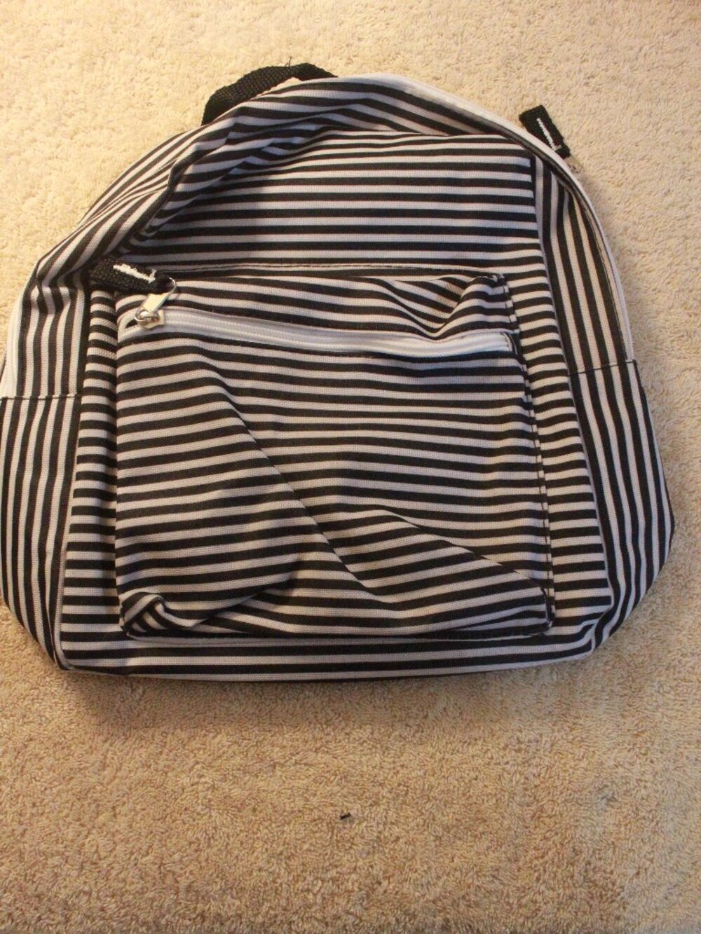 Navy & White Striped Backpack with Front Zip Pocket